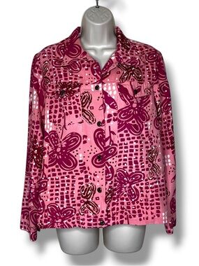 Pink Floral Button Front Jacket Lightweight Long Sleeve Cotton Shacket Women 10